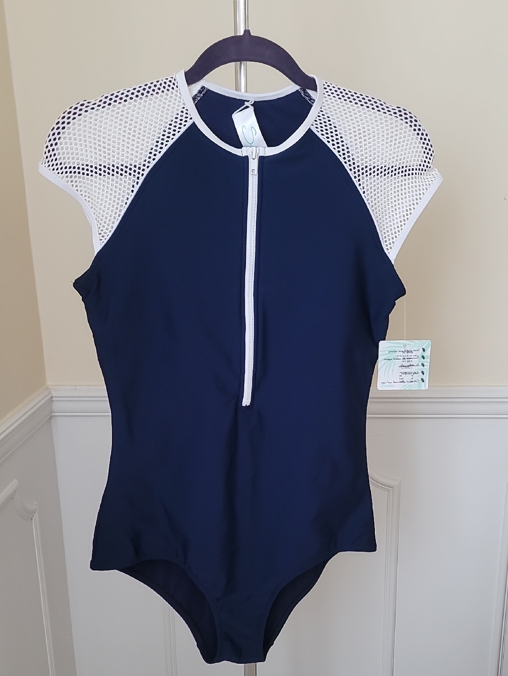 Navy One-Piece Swim Suit with White Mesh Shoulders Cap Sleeve Zip Front SZ 10